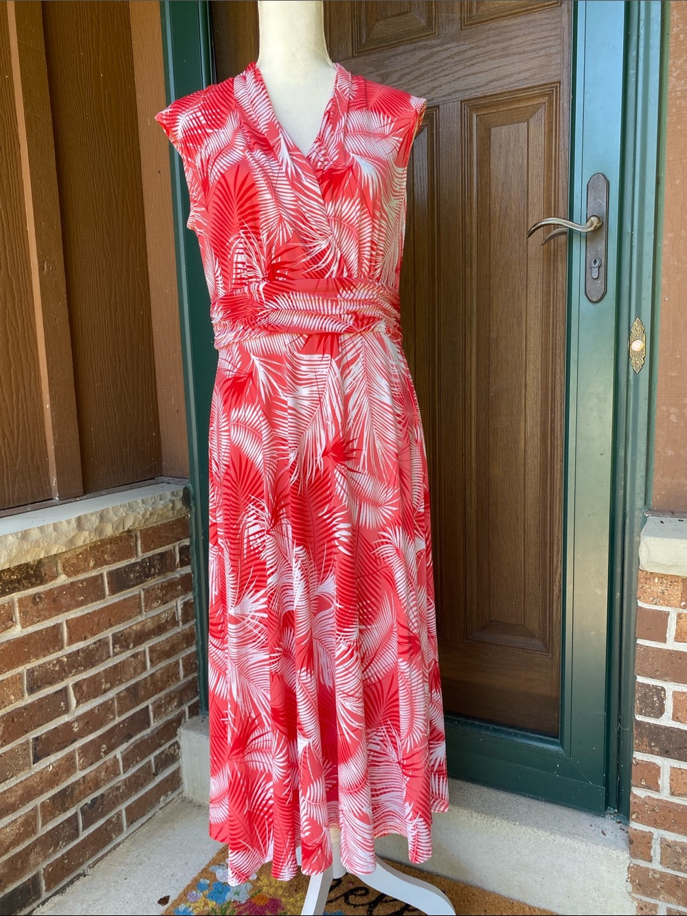 Red Palm-Print Sleeveless Wrap Maxi Dress